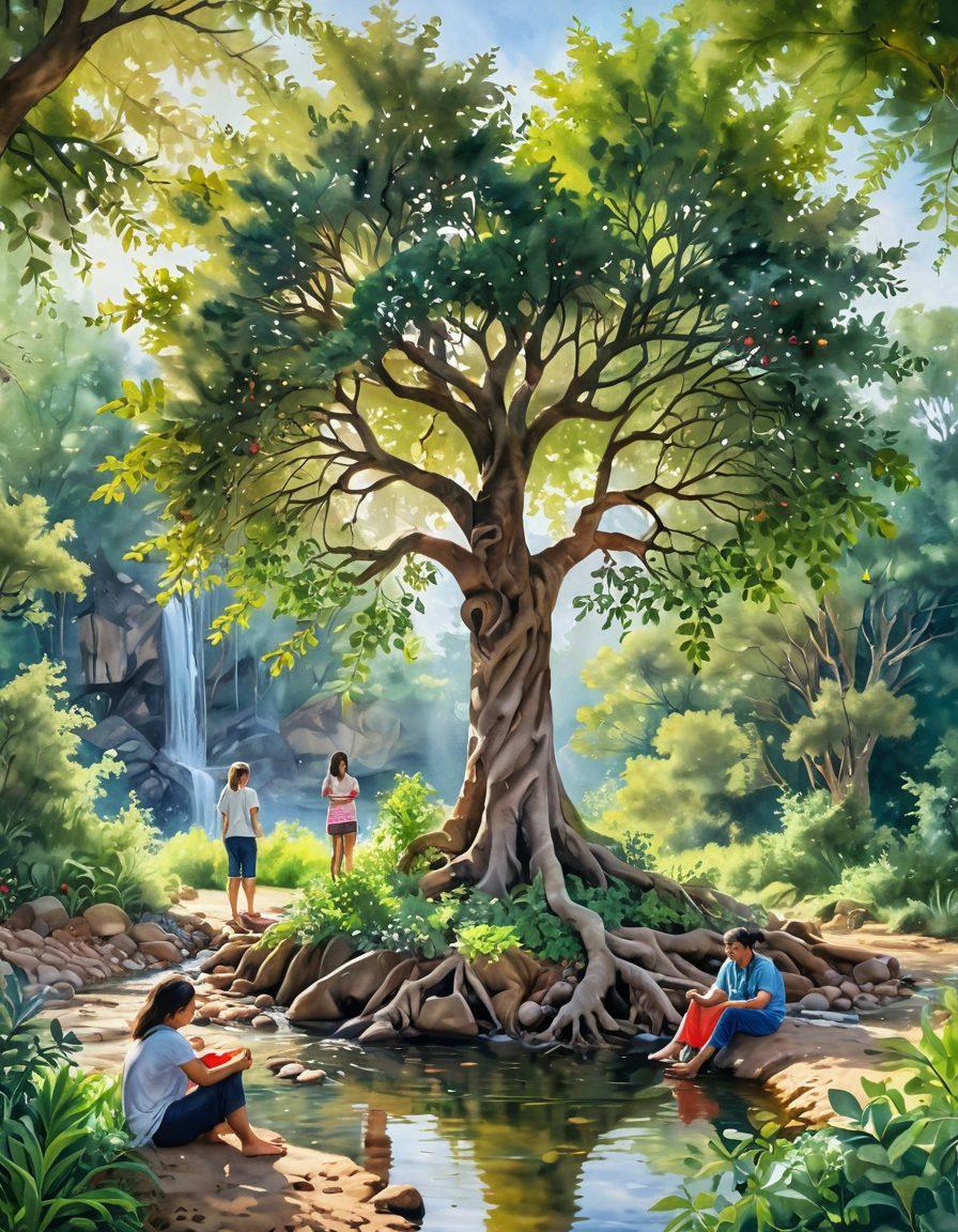 A serene landscape with a flourishing tree symbolizing growth, its roots entwined with a heart, surrounded by lush greenery and gentle sunlight shining down. In the background, depict a diverse group of people engaging in sustainable trading practices, exchanging ideas with smiles. Emphasize wellness by incorporating elements like fresh fruits and a tranquil stream nearby. watercolor art. soft pastels. harmonious ambiance.