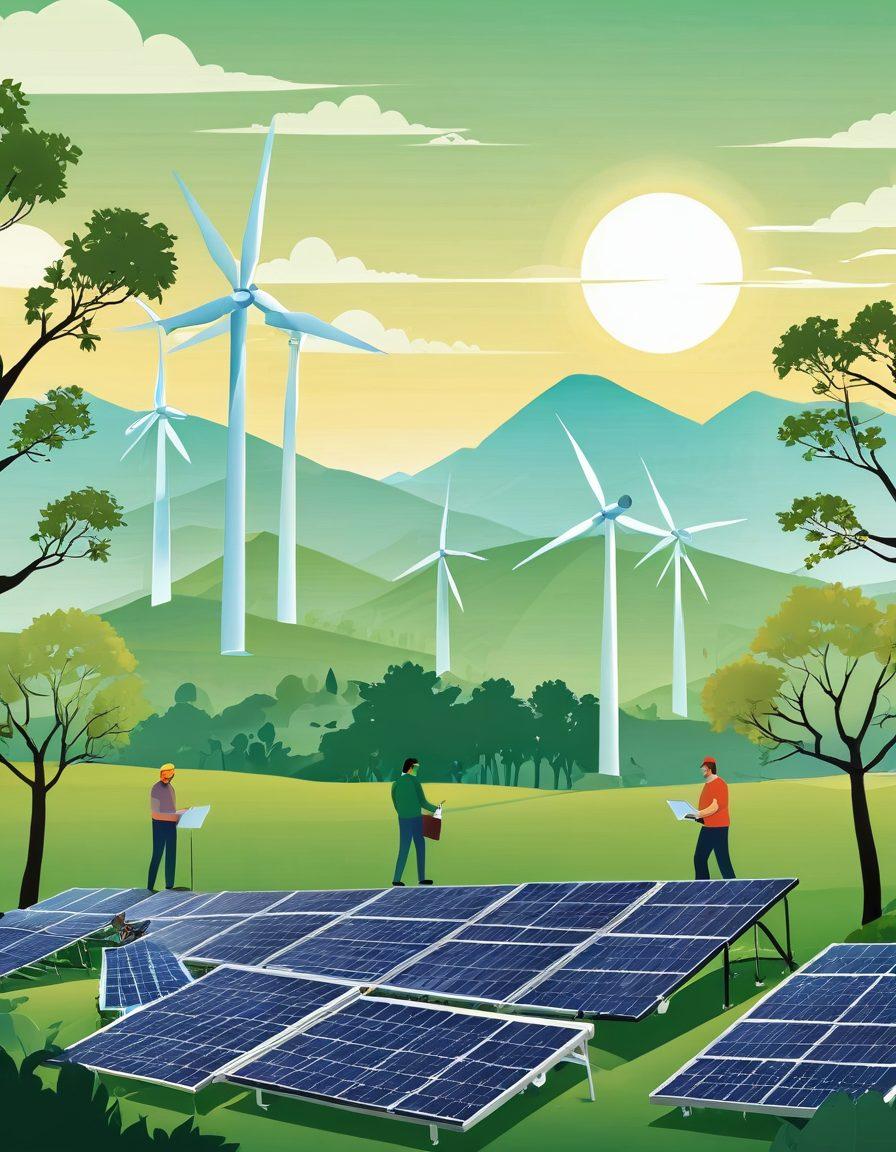 A harmonious scene depicting diverse traders collaborating in a green landscape, showcasing renewable resources like solar panels and wind turbines in the background. Each trader is engaged in sustainable practices, exchanging ideas and eco-friendly products. The setting radiates positivity and growth, symbolizing long-term success and well-being. soft colors. vector art. eco-friendly theme.